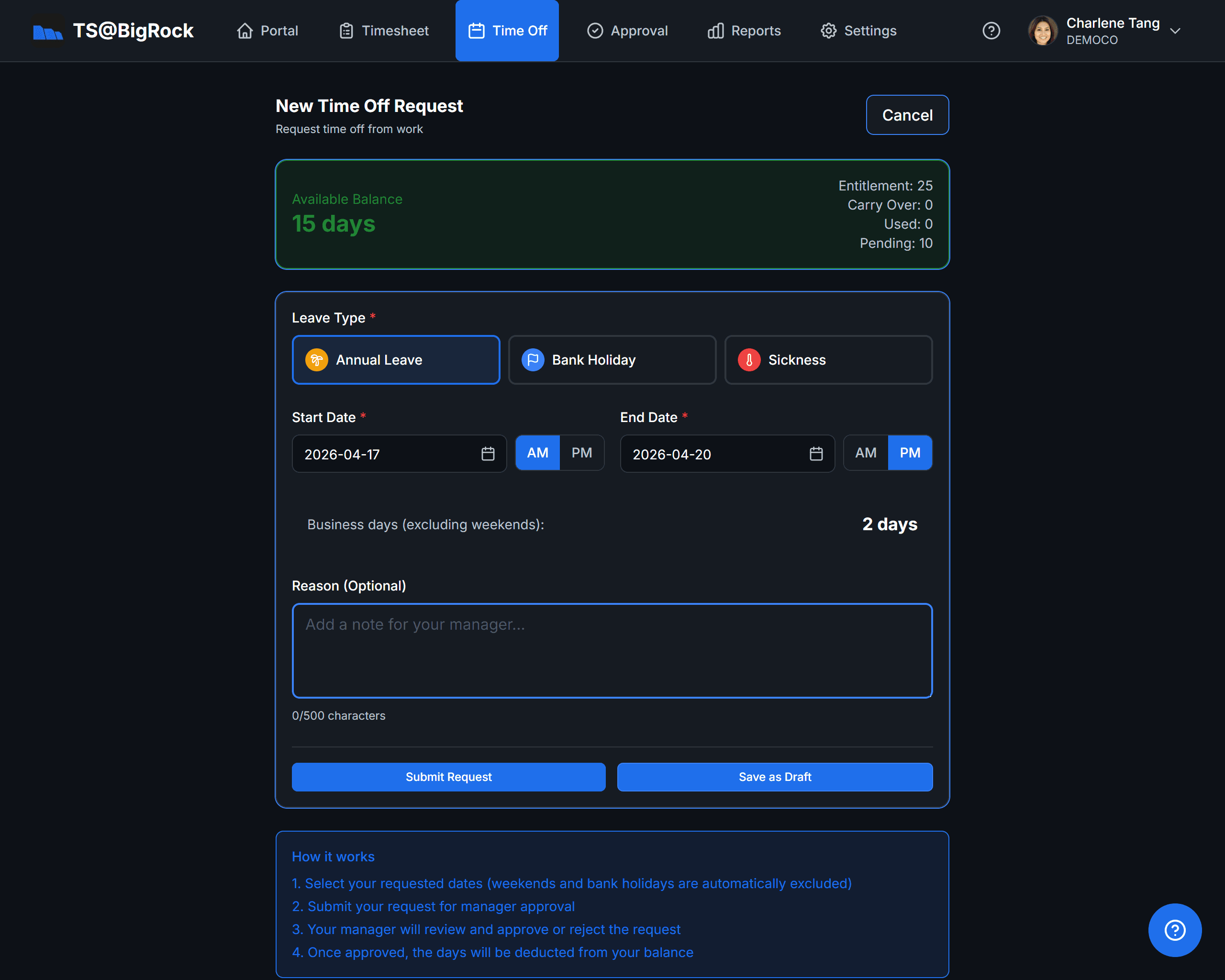 Leave Request — Request time off with balance tracking and manager approval